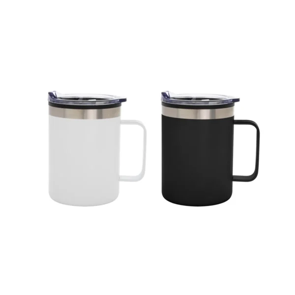 Mug DIANA de doble pared en acero 201 con tapa transparente y base antideslizante, capacidad 450 ml
