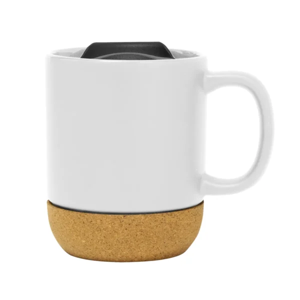 Taza sublimable MIKA de cerámica gres con tapa negra, base de corcho y acabado mate, capacidad 380 ml