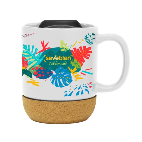 Taza sublimable MIKA de cerámica gres con tapa negra, base de corcho y acabado mate, capacidad 380 ml