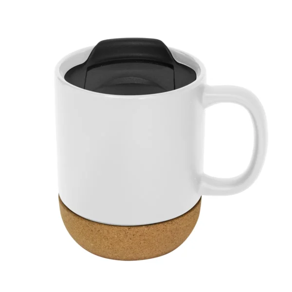 Taza sublimable MIKA de cerámica gres con tapa negra, base de corcho y acabado mate, capacidad 380 ml