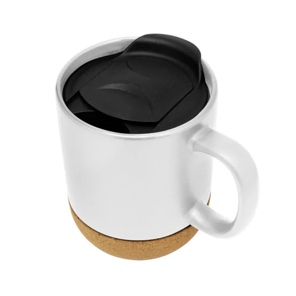Taza sublimable MIKA de cerámica gres con tapa negra, base de corcho y acabado mate, capacidad 380 ml