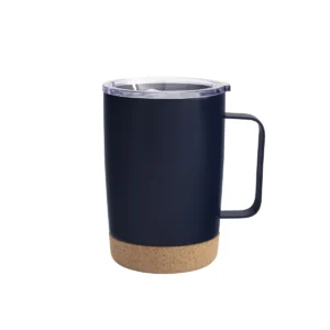 Mug térmico KORK de acero inoxidable con base de corcho y tapa de poliestireno, presentado en caja kraft