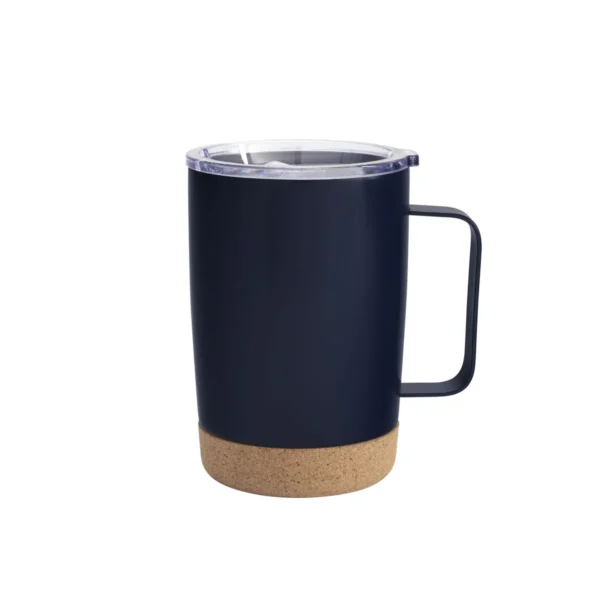 Mug térmico KORK de acero inoxidable con base de corcho y tapa de poliestireno, presentado en caja kraft