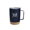Mug térmico KORK de acero inoxidable con base de corcho y tapa de poliestireno, presentado en caja kraft
