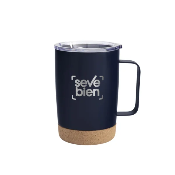 Mug térmico KORK de acero inoxidable con base de corcho y tapa de poliestireno, presentado en caja kraft