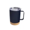 Mug térmico KORK de acero inoxidable con base de corcho y tapa de poliestireno, presentado en caja kraft