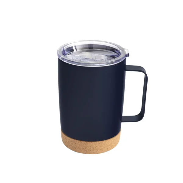 Mug térmico KORK de acero inoxidable con base de corcho y tapa de poliestireno, presentado en caja kraft