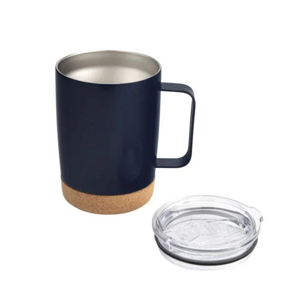 Mug térmico KORK de acero inoxidable con base de corcho y tapa de poliestireno, presentado en caja kraft