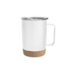 Mug térmico KORK de acero inoxidable con base de corcho y tapa de poliestireno, presentado en caja kraft