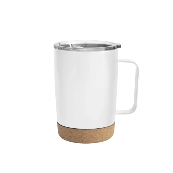 Mug térmico KORK de acero inoxidable con base de corcho y tapa de poliestireno, presentado en caja kraft