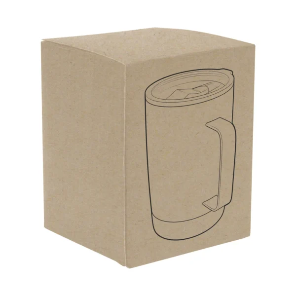 Mug térmico KORK de acero inoxidable con base de corcho y tapa de poliestireno, presentado en caja kraft