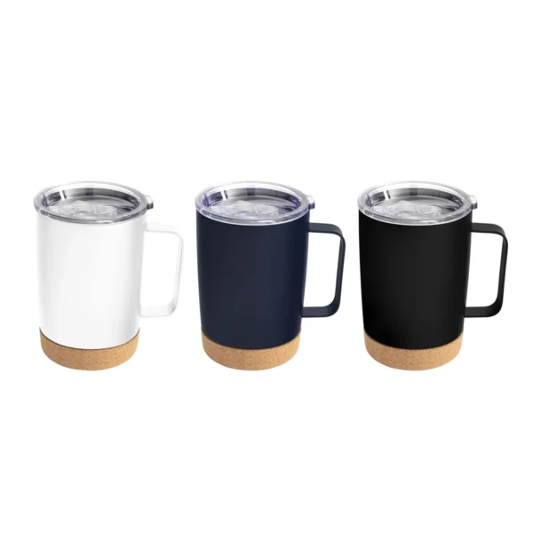 Mug térmico KORK de acero inoxidable con base de corcho y tapa de poliestireno, presentado en caja kraft