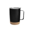 Mug térmico KORK de acero inoxidable con base de corcho y tapa de poliestireno, presentado en caja kraft