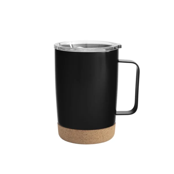 Mug térmico KORK de acero inoxidable con base de corcho y tapa de poliestireno, presentado en caja kraft