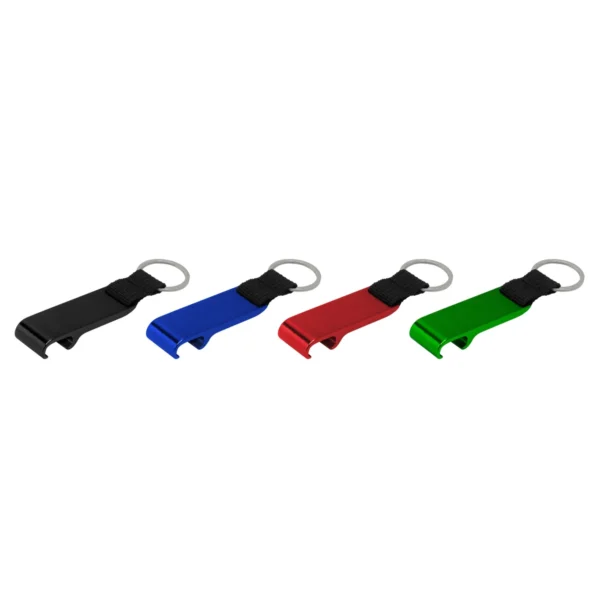 Llavero destapador OPENER de aluminio con correa de poliéster negro y acabado brillante, personalizable con logo empresarial