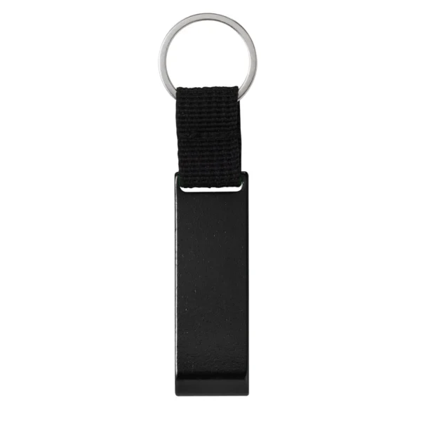 Llavero destapador OPENER de aluminio con correa de poliéster negro y acabado brillante, personalizable con logo empresarial