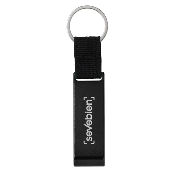 Llavero destapador OPENER de aluminio con correa de poliéster negro y acabado brillante, personalizable con logo empresarial