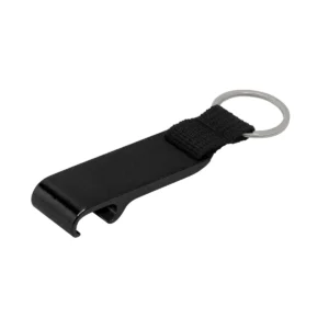 Llavero destapador OPENER de aluminio con correa de poliéster negro y acabado brillante, personalizable con logo empresarial