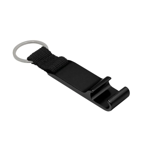 Llavero destapador OPENER de aluminio con correa de poliéster negro y acabado brillante, personalizable con logo empresarial