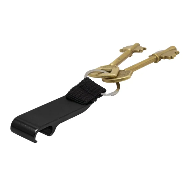 Llavero destapador OPENER de aluminio con correa de poliéster negro y acabado brillante, personalizable con logo empresarial