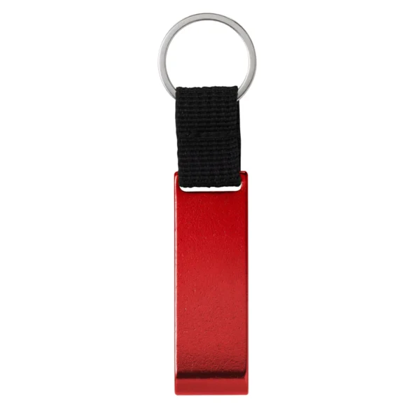 Llavero destapador OPENER de aluminio con correa de poliéster negro y acabado brillante, personalizable con logo empresarial