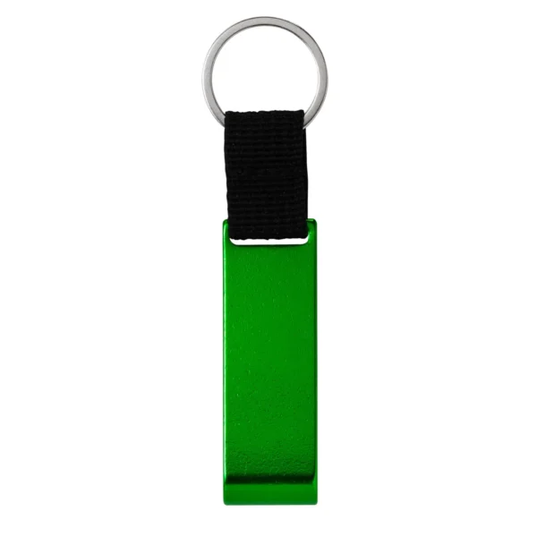 Llavero destapador OPENER de aluminio con correa de poliéster negro y acabado brillante, personalizable con logo empresarial