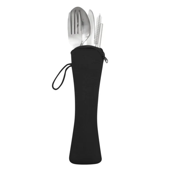Set de cubiertos PLAT con estuche negro de eva cerrado y correa de poliéster, cinco piezas de acero inoxidable