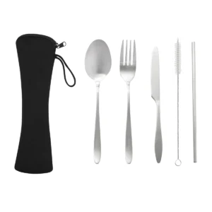 Set de cubiertos PLAT con estuche negro de eva cerrado y correa de poliéster, cinco piezas de acero inoxidable