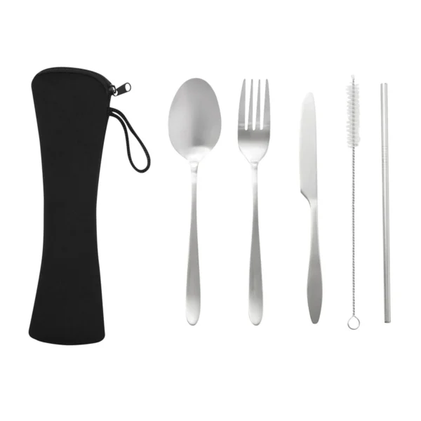 Set de cubiertos PLAT con estuche negro de eva cerrado y correa de poliéster, cinco piezas de acero inoxidable