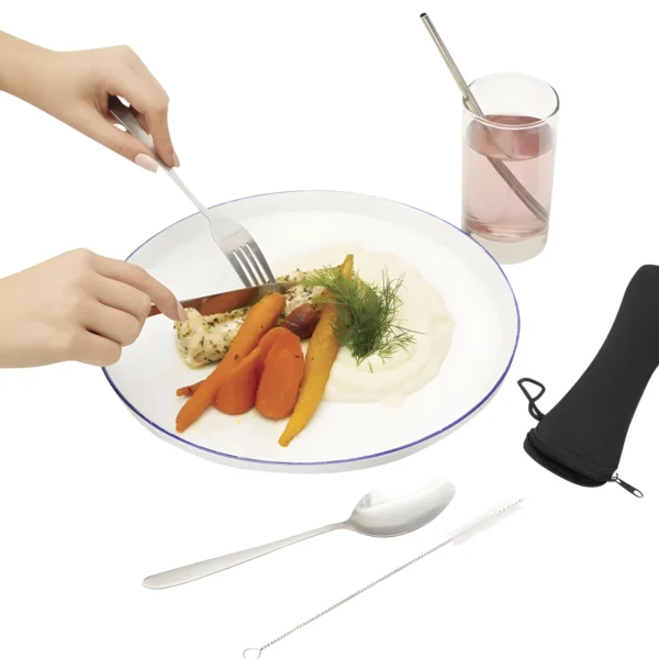 Set de cubiertos PLAT con estuche negro de eva cerrado y correa de poliéster, cinco piezas de acero inoxidable