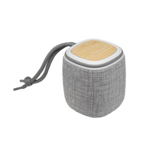 Parlante Bluetooth JASPER con superficie superior de bambú y cuerpo de tela, presentado en caja de regalo kraft, imagen 1