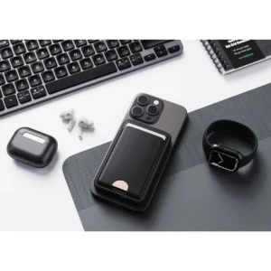 Power Bank Poti cargador inalámbrico plegable con acabado tipo curpiel y tarjetero integrado