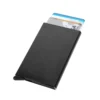 Tarjetero WIZARD de aluminio con botón de expulsión automática y protección RFID, presentado en caja kraft