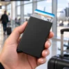 Tarjetero WIZARD de aluminio con botón de expulsión automática y protección RFID, presentado en caja kraft