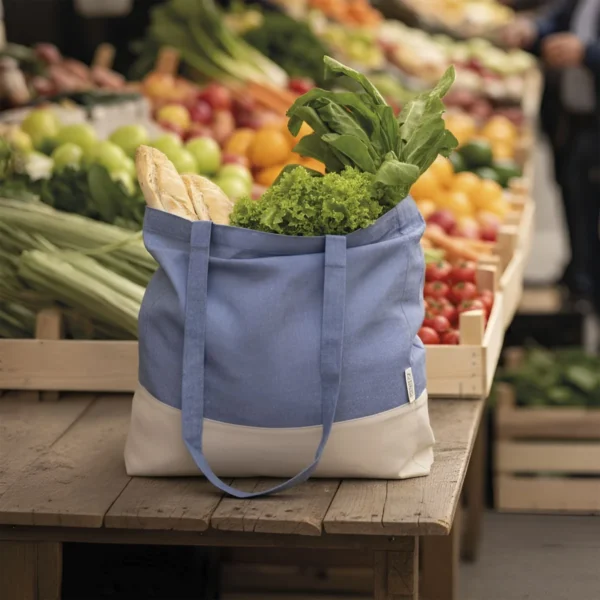Bolsa de algodón reciclado MOLA con fuelle, asas cosidas de 70 cm y acabado bicolor natural melange para empresas — vista 09