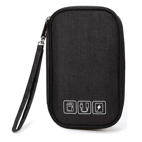 Estuche Harrison de poliéster con zipper y separador interno, abierto mostrando su organización interior para accesorios electrónicos
