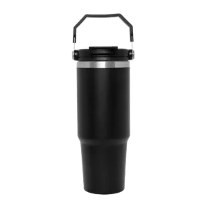 Mug térmico RODAS de doble pared sellado al vacío, 880 ml, acabado powder coat mate con asa metálica y tapa 2 en 1 color Negro, imagen 1
